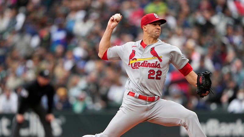 St. Louis Cardinals starting pitcher Jack Flaherty throws against the Seattle Mariners during...