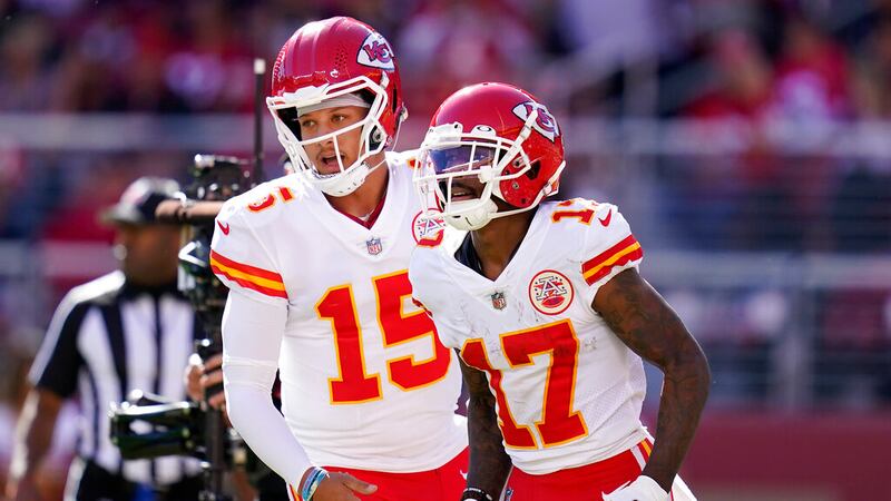 Kansas City Chiefs quarterback Patrick Mahomes (15) celebrates with wide receiver Mecole...