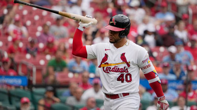 St. Louis Cardinals' Willson Contreras tosses his bat after popping out in foul territory...