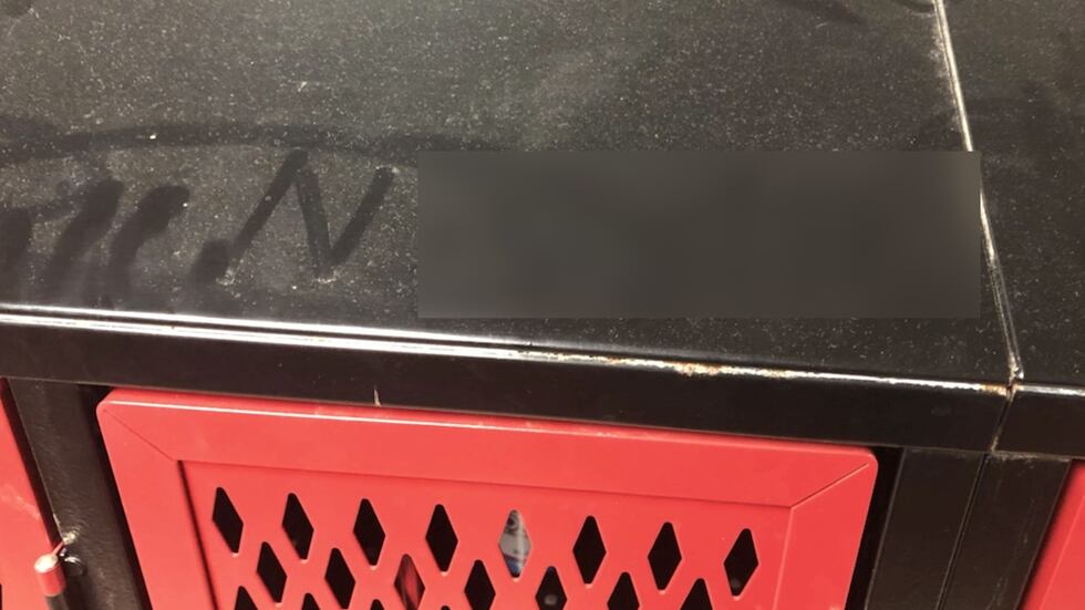 The N-word (blurred) was drawn on top of a locker at Muskego High School.
