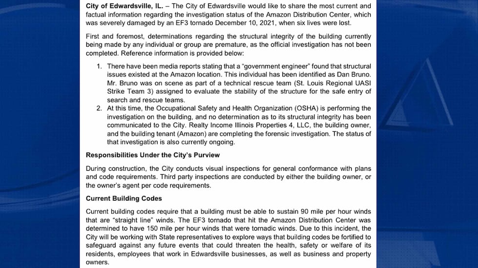 Edwardsville statement on Amazon warehouse collapse