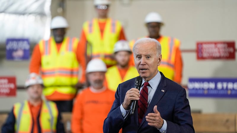 FILE - President Joe Biden delivers remarks on his economic agenda at a training center run by...