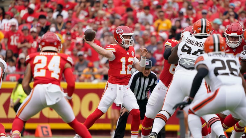 Kansas City Chiefs quarterback Shane Buechele throws during the first half of an NFL preseason...