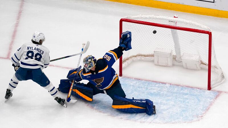 Toronto Maple Leafs' William Nylander (88) scores the game-winning goal past St. Louis Blues...