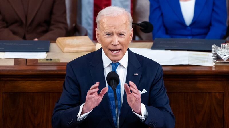 FILE - President Joe Biden delivers his first State of the Union address to a joint session of...