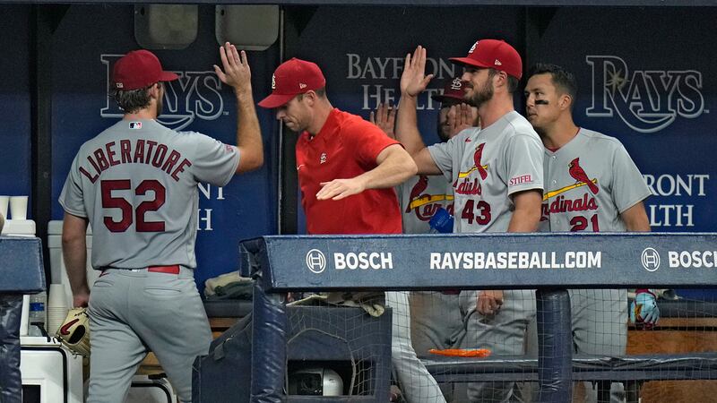 St. Louis Cardinals starting pitcher Matthew Liberatore (52) celebrates with teammates in the...