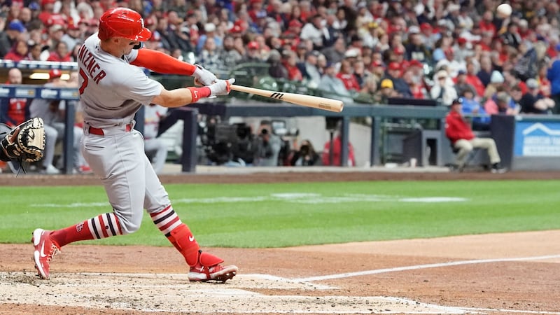 St. Louis Cardinals' Andrew Knizner hits a two-run home run during the fourth inning of a...