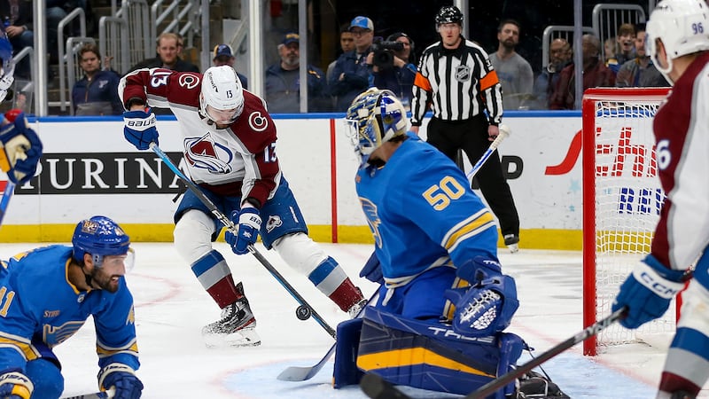 Colorado Avalanche's Valeri Nichushkin (13) prepares to score a goal past St. Louis Blues...