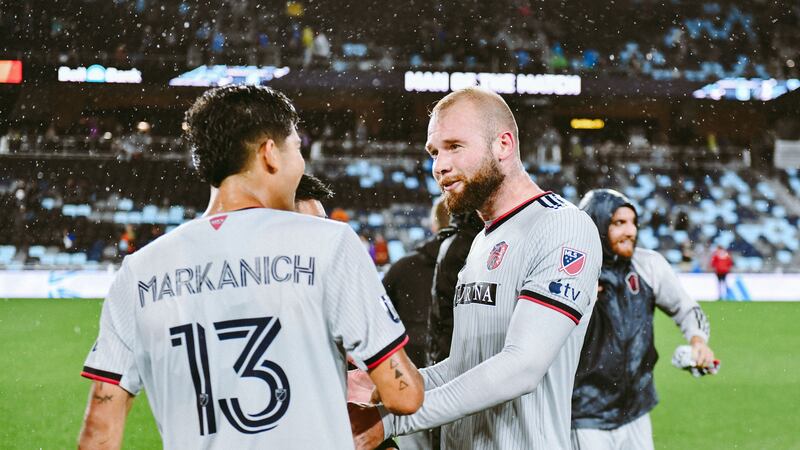 Anthony Markanich and João Klauss shake hands during a match against Minnesota United FC.