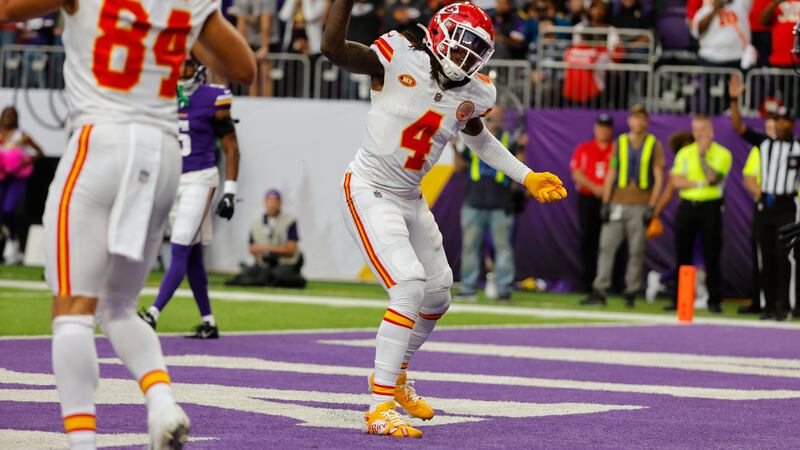 Kansas City Chiefs wide receiver Rashee Rice (4) celebrates after catching an 8-yard touchdown...