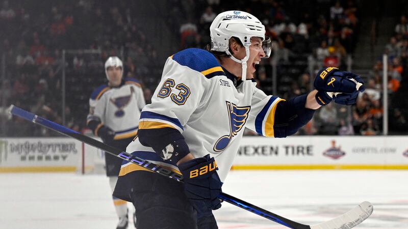 St. Louis Blues left wing Jake Neighbours reacts after scoring against the Anaheim Ducks...