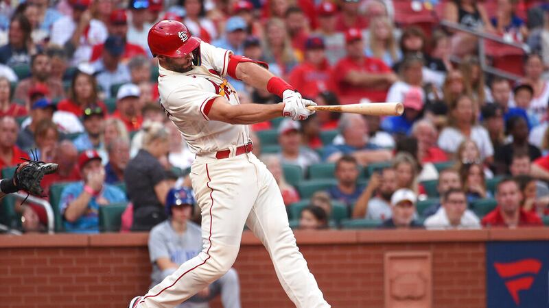 St. Louis Cardinals' Paul Goldschmidt hits a two-run home run during the first inning of the...