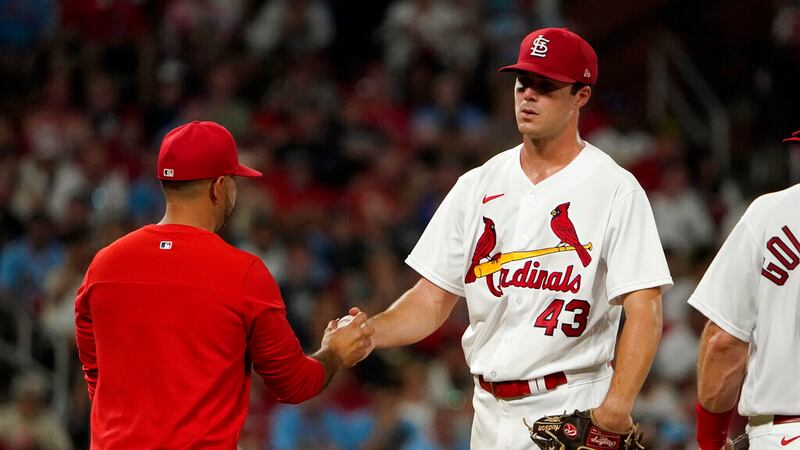 St. Louis Cardinals starting pitcher Dakota Hudson (43) is removed by manager Oliver Marmol...