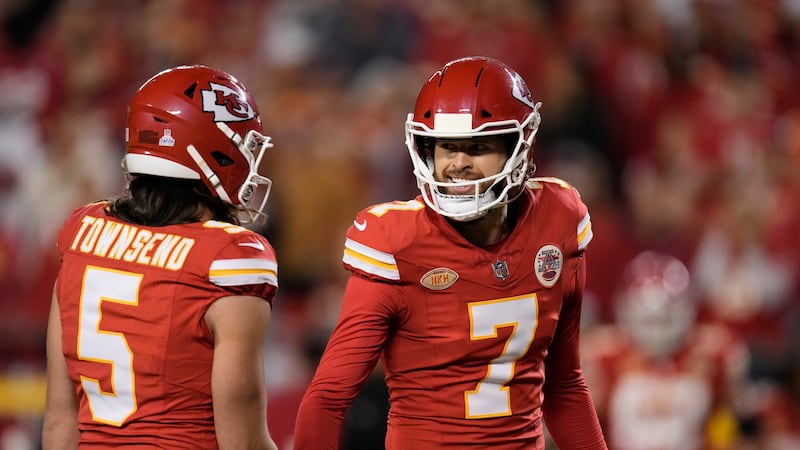 Kansas City Chiefs place kicker Harrison Butker (7) reacts after kicking a field goal during...