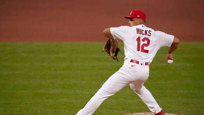 St. Louis Cardinals relief pitcher Jordan Hicks throws during the ninth inning of a baseball...