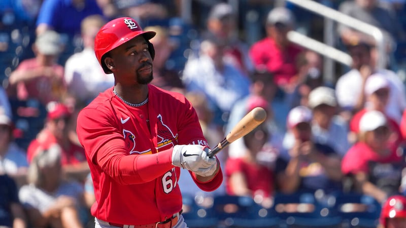 St. Louis Cardinals' Jordan Walker bats during the second inning of a spring training baseball...