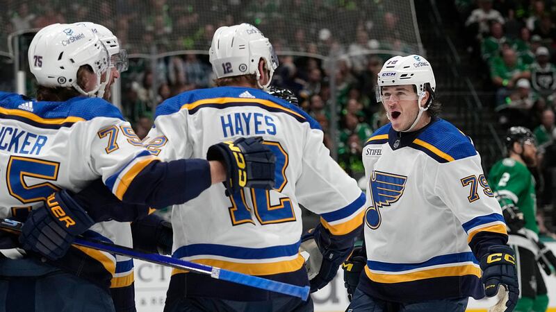 St. Louis Blues left wing Sammy Blais (79) celebrates after a goal with teammates Tyler Tucker...