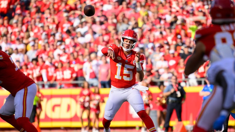 Kansas City Chiefs quarterback Patrick Mahomes throws during the first half of an NFL football...