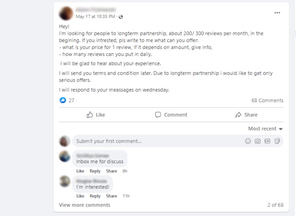 This Facebook post asks for someone who is interested in creating “a long-term partnership”...