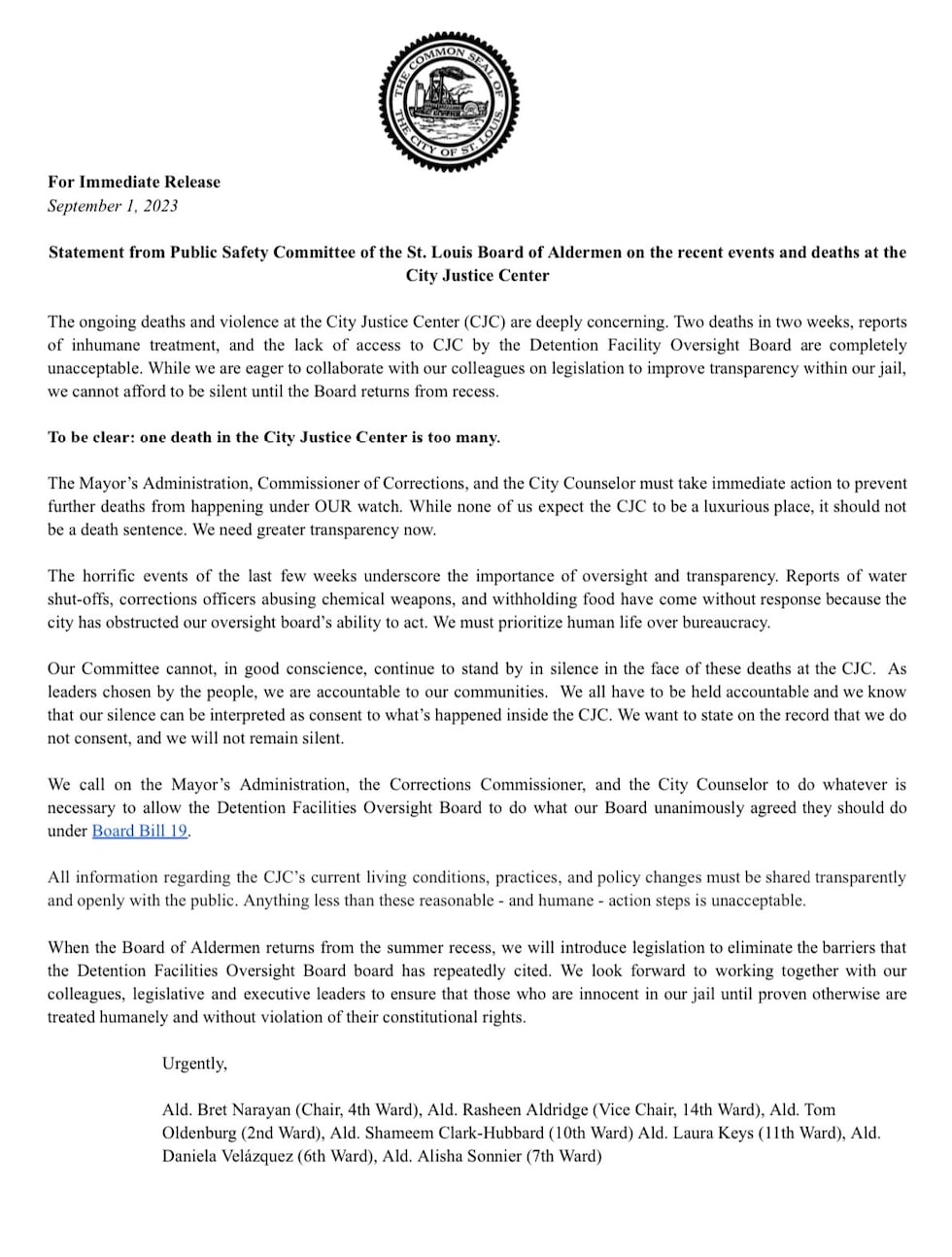 Statement from the Public Safety Committee of the St. Louis Board of Aldermen after two deaths...