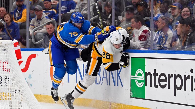St. Louis Blues left wing Sammy Blais (79) checks Pittsburgh Penguins defenseman Marcus...