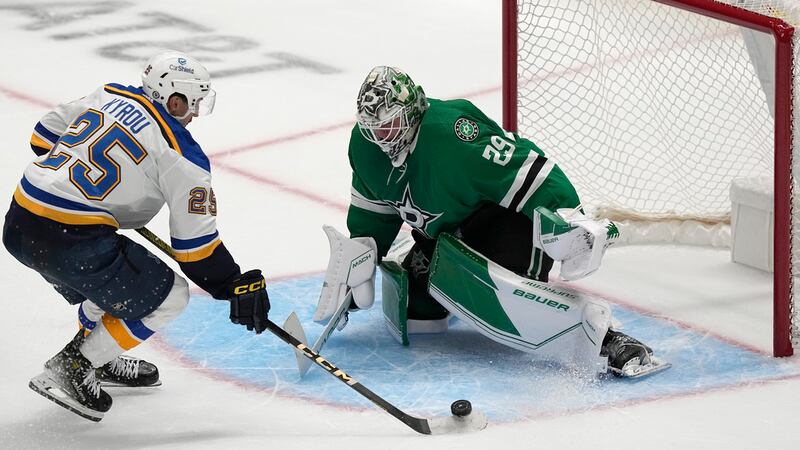St. Louis Blues center Jordan Kyrou (25) cannot score a shootout goal against Dallas Stars...