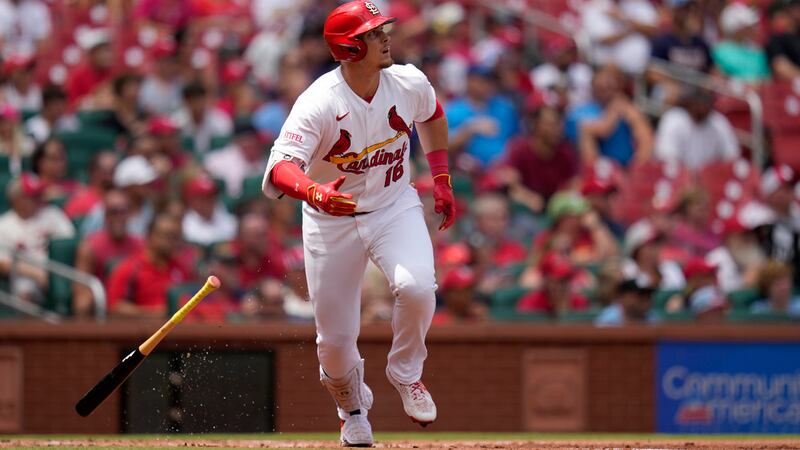 St. Louis Cardinals' Nolan Gorman watches his three-run home run during the first inning of a...