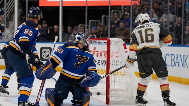 Vegas Golden Knights' Pavel Dorofeyev (16) scores past St. Louis Blues goaltender Jordan...