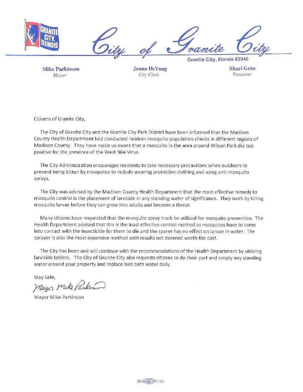 A letter from Granite City Mayor to community members.