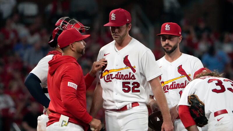 St. Louis Cardinals starting pitcher Matthew Liberatore (52) is removed by manager Oliver...