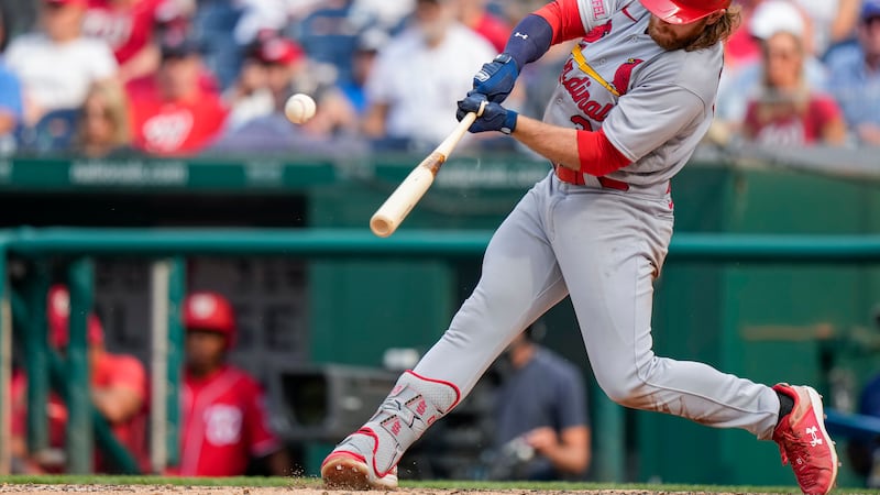 St. Louis Cardinals' Brendan Donovan hits a three-run home run during the fifth inning of a...